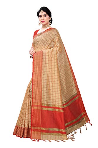 Laavaan Women's Checked Cotton Silk Saree With Silk Unstitched Blouse Piece
