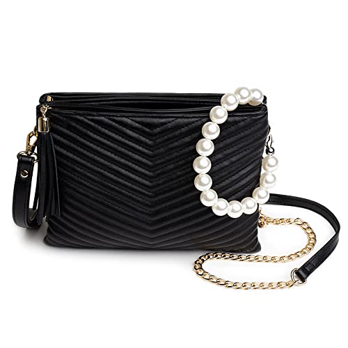 Before & Ever Black Wristlet Clutch Purses for Women White Pearls Gold Chain
