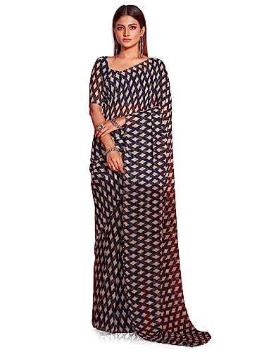 Craftstribe Navy Blue Poly Georgette Printed Ready to Wear Saree With Blouse