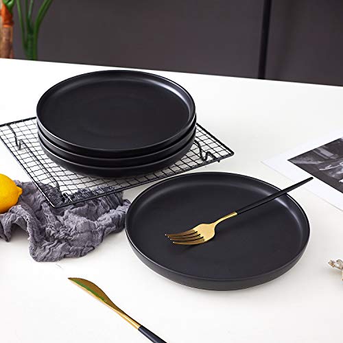Bruntmor 6" Ceramic Plate Set of 4, Cute Round Grey Ceramic Salad Plate For Kitchen Plate  Black