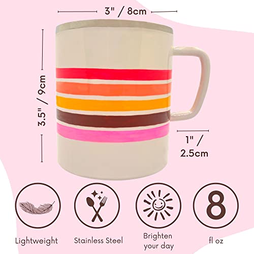 BOUDIKAA Campfire Mug - Enamel Backpacking Cup for Women and Girls - Cool Touch Double Walled Stainless Steel Coffee Mug - Tin Mug for Hot Chocolate - Cream Stripe