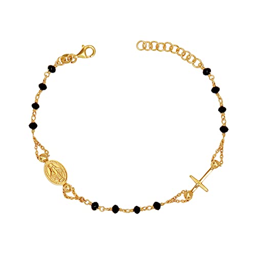 Lecalla 14k Gold-plated Rosary Cross Charm Black Spinel Bracelet for Women Teen