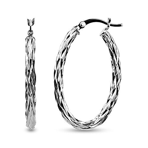 Lecalla Sterling Silver Jewelry Oval Shape Rhodium Hoop Earrings for Women