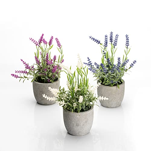 Velener Pink Purple Lavender Small Fake Plants Pot Set of 3- Spring Farmhouse Faux Flowers in Vase for Small Desk Decorations House Shelf Decor Home Office Indoor Plants Bedroom Living Room Table