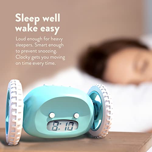 CLOCKY Funny Gift- Loud Alarm Clock for Heavy Sleepers on Wheels (Adults Kids Teens Bedroom) Run Away Moving Jump Roll Vibrating, Cute Annoying, 1-Time Snooze, Digital, Wake Up Energized (Blue)