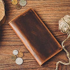 Top Grain Leather Bifold Men's long wallet for Checkbook Vintage Brown.