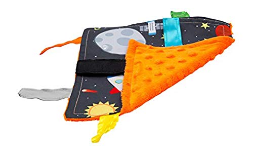 Outer Space Rockets Baby Paper Sensory Crinkle Me & Teething Square Taggy Lovey Toy with Closed Ribbon Tags Enhances Cognitive, Social and Emotional Development 8 X 8 Inch (Outer Space)