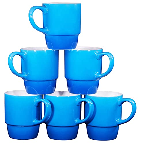 Bruntmor 18 Oz Plain Stacking Coffee Mug Set of 6, Cute 18 Ounce Porcelain Mugcup Set In Gradient Blue, Best Coffee Mug For Your Christmas, Birthday Gift, or DIY Decoration