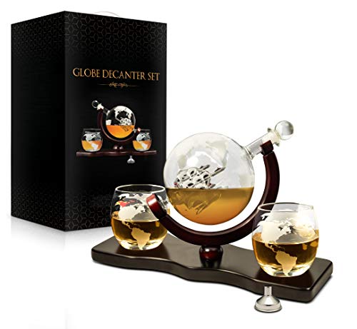 Flybold Whiskey Decanter Set Globe for Men 28 Oz Includes 2 Glasses Funnel