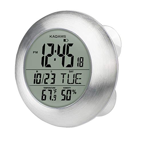 Kadams Bathroom Shower Digital Wall Clock Large LCD Screen - Kitchen Clock - Water Resistant Timer - Seconds Counter - Temperature & Humidity Display - Multiple Mounting Options (Silver)