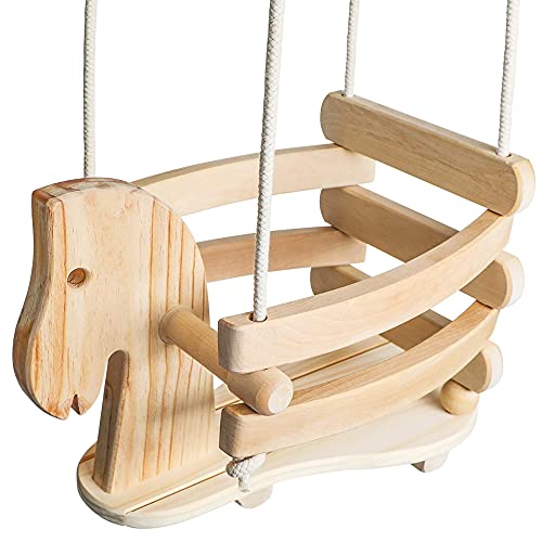 Wooden Horse Baby Swing for Outdoor Porch or Patio. Wood Toddler Swing with Bucket Chair Seat Design for Outside Swings Sets or Hanging Tree Accessories. Backyard Toy Set for Babies, Infants & Kids.