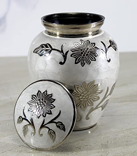 eSplanade Brass Cremation Urn Memorial Jar Pot Container | Medium Size Urn for Funeral Ashes Burial | Floral Engraved Metal Urn | White-Silver - 6" Inches