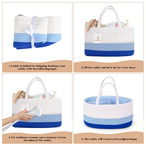 luxury little Diaper Caddy Organizer, Large Cotton Rope Nursery Basket, Changing Table Organizer for Baby Diaper Storage, Portable Car Organizer with Removable Divider, Baby Shower Gifts - Blue