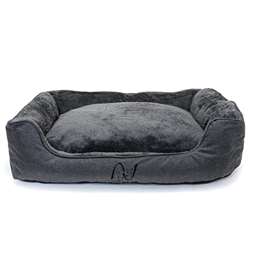 Happilax Dog Bed - Washable Plush Pillow - Dog Bed with Removable Cover - Raised Edges - Small to Large Dogs - Rectangular Bolster Pet Bed - Grey