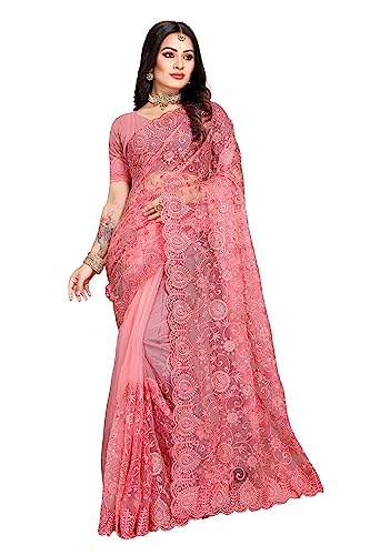 CRAFTSTRIBE Embroidery Work Net Pink Indian Wedding Sari With Unstitched Blouse