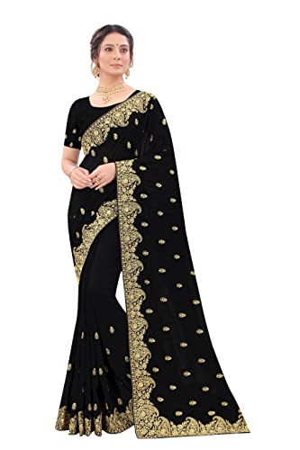 CRAFTSTRIBE Black Saree Zari Embroidery Stone Work Sari with Blouse Fabric