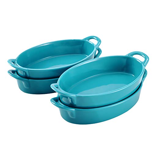 Bruntmor 8x5 Oval Ceramic Pie Pan Set of 4 Baking Dish Dinner Plates Teal