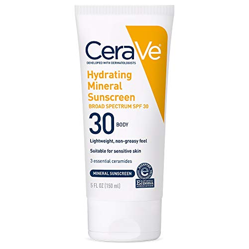 CeraVe 100% Mineral Sunscreen SPF 30 | Body Sunscreen with Zinc Oxide & Titanium Dioxide for Sensitive Skin | With Hyaluronic Acid and Ceramides | 5 oz