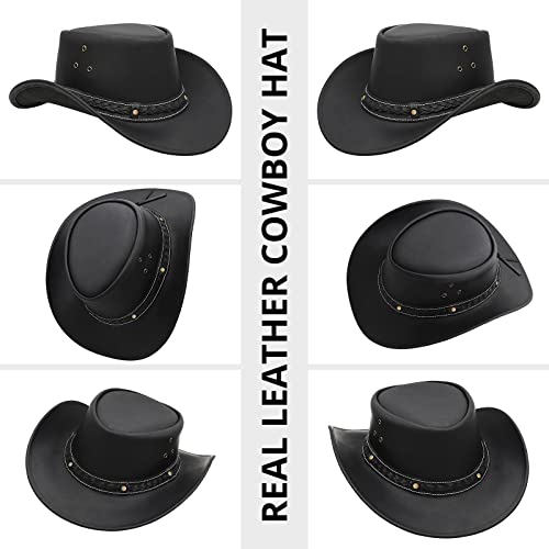 BRANDSLOCK Black Leather Cowboy Hat for Men Women Lightweight Handcrafted