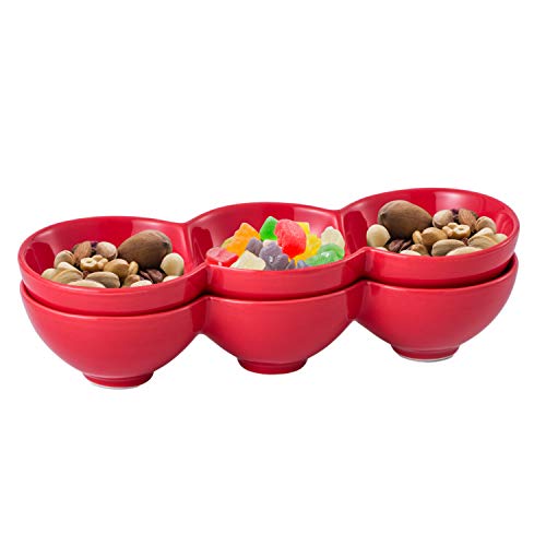 Bruntmor 3 Compartment-Porcelain 12" Long Appetizer Serving Tray Triplet Bowl Set Great for Snacks, Dips Set Of 2 Red