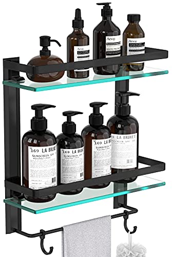 Vdomus Glass Bathroom Shelf 2 Tier Towel Bar Wall Mounted Matte Black