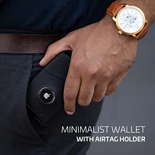 Fidelo Hybrid Minimalist Mens Wallet with Airtag Holder - Metal Flat Slim Air Tagged Wallet Safe for Credit Cards with RFID Blocking & Money Clip - Black RFID Safe Men Wallet with Airtags Smart Holder