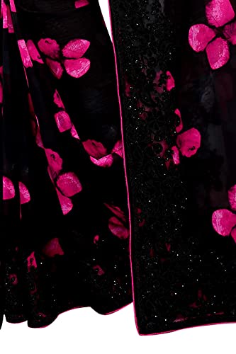 CRAFTSTRIBE Georgette Satin Floral Print Black & Pink Fashion Trendy Saree Women