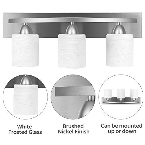 Bathroom Vanity Light Fixture, 3-Light Modern Bathroom Lights with Glass Shade, Brushed Nickel Bath Lighting Fixtures Over Mirror, Hollywood Style Interior Wall Sconce for Makeup Dressing Table
