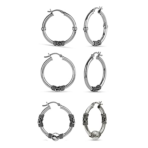 Set of 3 Pair 925 Sterling Silver Top Bali Hoop Earring for Women 30MM