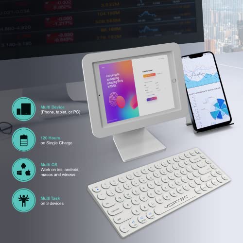 Vortec Rechargeable Bluetooth Wireless Multi-Device Keyboard | Connect 3 Devices Simultaneously | Compatible with iPad, iPhone, Android Phone & Tablet, Mac, PC (White)