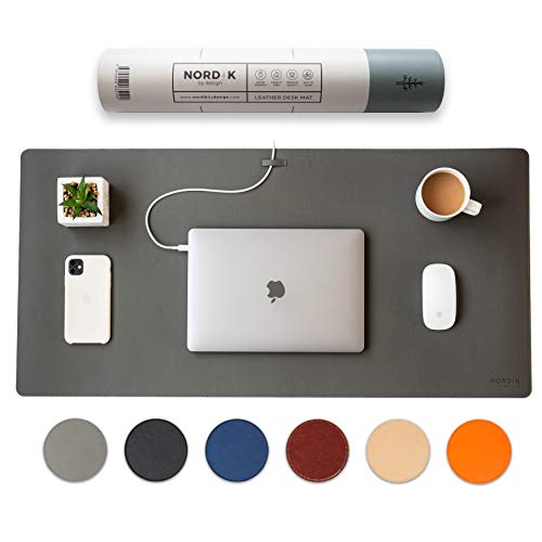 Nordik Leather Desk Mat Cable Organizer Alaskan Gray 35 X 17 inch for Home Office Accessories Desk Pad Protector & Desk Blotter Pad