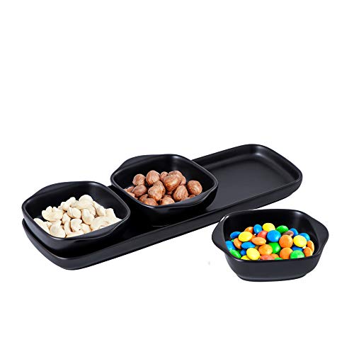 Bruntmor 4-Piece Porcelain Square with Handles Serving Bowl Set with Tray in Black, Porcelain Chip and Dip Bowls, Small Porcelain Dish Set for Snacks
