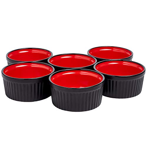 Bruntmor 4 Oz Black and Red ramekins Ceramic Ramekin Set of 6, 4 Ounces ramekins. perfect baking dishes for oven, serving dipping sauces baking set, Ceramic serving bowls for Christmas Gift