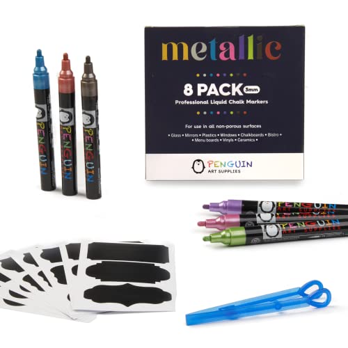 Liquid Chalk Markers Set 8 Metallic Colors 3mm Tip 24 Stickers Reversible Tip