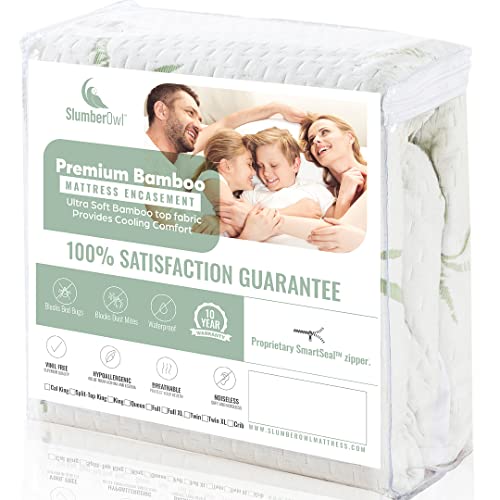SlumberOwl Premium Bamboo Zippered Mattress Encasement – 100% Waterproof, Cooling & Ultra Soft (California King) 12-15" Deep