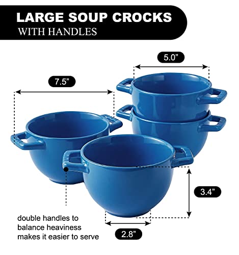 Bruntmor 24 oz French Onion Soup Crocks with Handles, Ceramic Bowls for Rice, Dessert, Pasta, Cereal, Dishwasher, Microwave, Oven & Broil Safe, Set of 4 soup mugs, microwave safe bowls, Blue