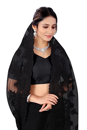 CRAFTSTRIBE Black Sari Moti and Stone Work Saree with Unstitched Blouse
