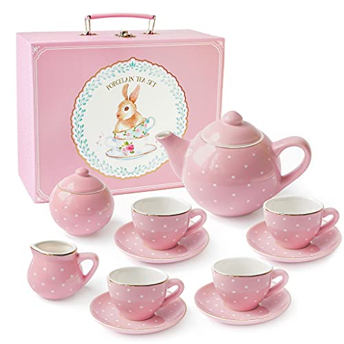 Jewelkeeper Tea Party Set 13piece Porcelain Pink Polka Dot Gift for Little Girls
