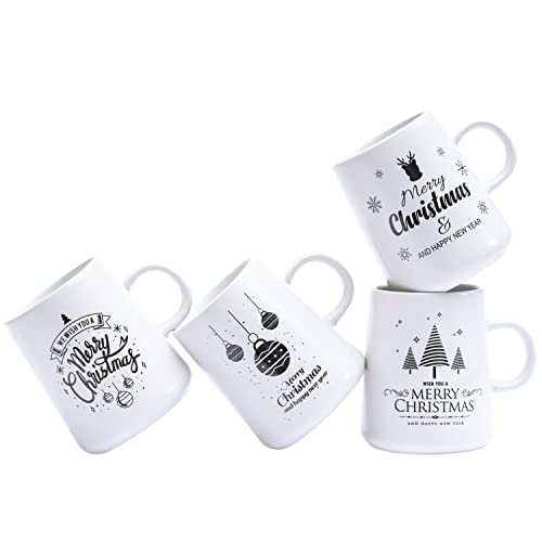 Bruntmor 16 Oz Christmas Coffee Mug Set of 4, Cute 16 Ounce Ceramic Mugcup Set White Christmas