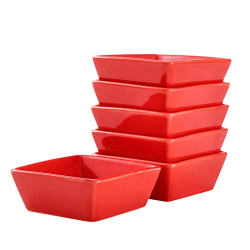 Bruntmor Ceramic Square Ramekins 4 Oz Set of 6 Oven Safe Dipping Bowls Red