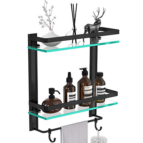 Vdomus Black Tempered Glass Bathroom Shelf w/Towel Bar Wall