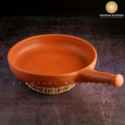 SWADESHI BLESSINGS Unglazed Clay Frying Pan/Earthen Wok/Clay Skillet, 10 Inches Exclusive Range/Curry Sauce Pan/Griddle/Spider Fry Pan