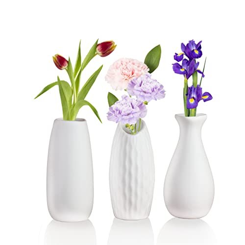 Casa Mondo Small White Vases-Set of 3, 5.2x2.5in, Decorative Ceramic Vases for Home Decor, Modern Farmhouse Flower Vases, Fireplace Mantel, Side Table Decor, Entryway Table Decor, Home Accents