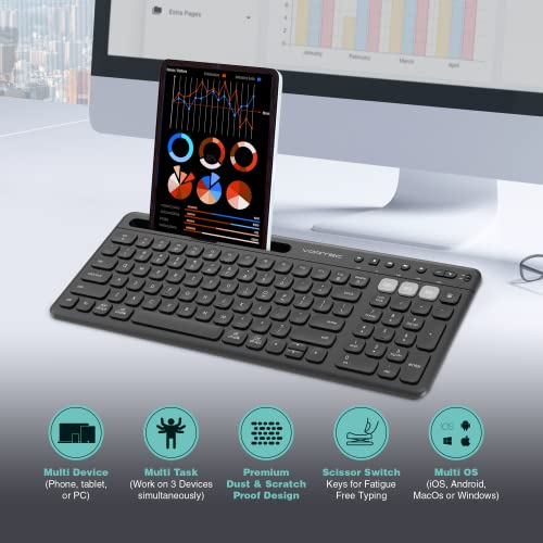 Wireless Multi Device Bluetooth Keyboard for iPhone, iPad, Samsung, Android Phone, Tablet Slim Keyboard for Mac, iMac – Universal Smartphone Cellphone Keyboard with Phone Holder for PC by Vortec