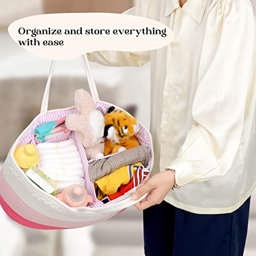 Baby Diaper Caddy Organizer, Extra Large Cotton Rope Nursery Diaper Basket, Changing Table Organizer, Portable Tote Bag with Divider, Car Storage, Baby Shower Gifts for Newborn Girls - Pink