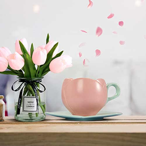 VIVERIE 10 oz Pink Flower Teacup and Saucer - Leaf Heart Tea Cup Saucer, Cute Coffee Mug, Tea Mug, Hot Teacup Set, Tea Accessories for Women, Mom, Friends, Birthday, Christmas Gift, Pink Christmas Mug