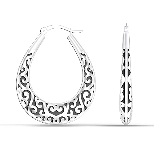 Lecalla 925 Sterling Silver Antique Oval Filigre Hoop Earrings for Women