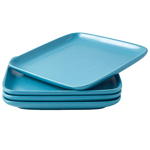 Bruntmor Ceramic Dinner Plates Set of 4, 10 inch Dish Set Microwave, Oven, and Dishwasher Safe, Scratch Resistant, Modern Square Dinnerware Kitchen Porcelain Serving Dishes Teal Blue