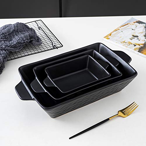 Bruntmor Rectangular Ceramic Glaze Bakeware Set | Baking Dish Oven Safe, Baking Pan Hammered Dish for Cooking, Lasagna Pan, Kitchen, Cake Dinner, Banquet and Daily Use | Set Of 3 (Matte Black)