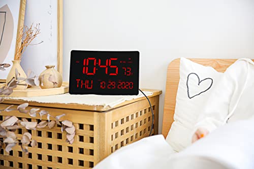 Kadams Large LED Digital Wall Clock, 10 inches - Dual Alarm Clock - Indoor Temperature - Calendar Display - Adjustable Brightness - Night Display - Dual Mounting Options (Red)